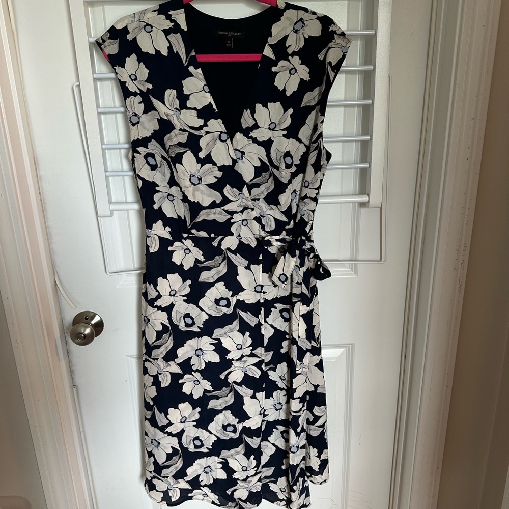 Banana Republic Black and White Wrap Midi Dress with Flutter Sleeves